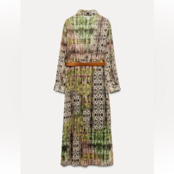 ZARA METALLIC THREAD BELTED PRINTED DRESS - Picture 5 of 6
